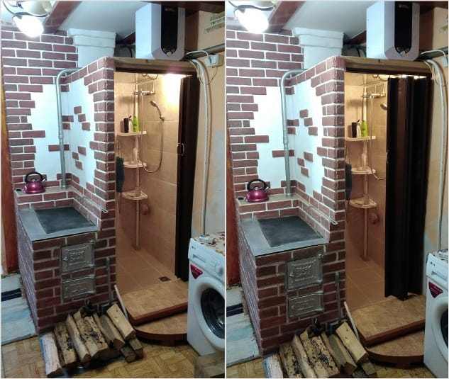 Фото №2 От кухни кабину душа отделяют кирпичная перегородка и раздвижная дверь «гармошка»