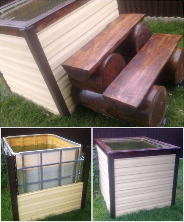  Купель из еврокуба, обшитая сайдингом и деревянной вагонкой