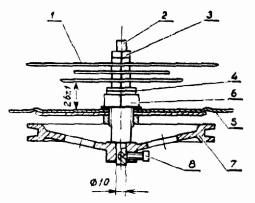 Схема установки ножей: нож, вал; зажимная гайка; шайба; дно бака; подшипниковый узел с сальником; шкив активатора; стопорный винт.